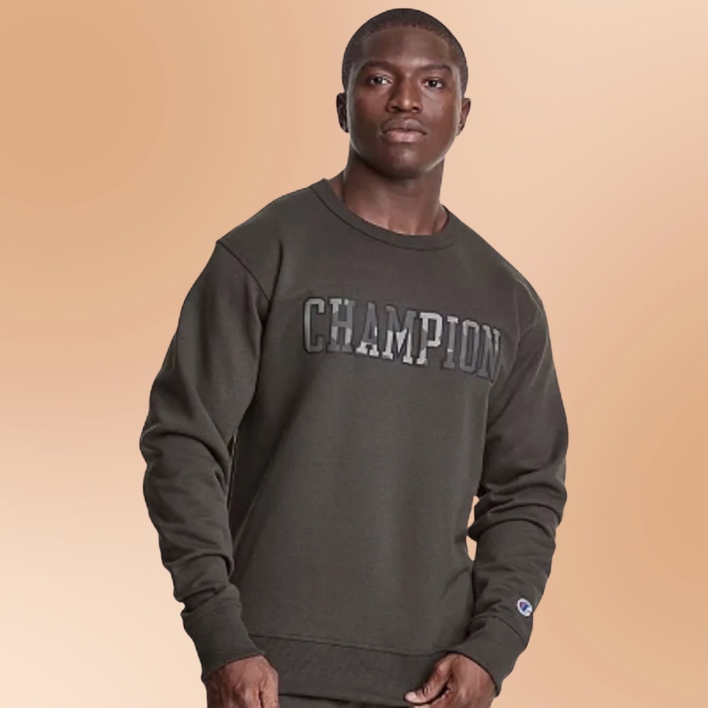 <Champion> Mens Army Green with Camo Logo Powerblend Fleece Sweatshirt NWT🔥